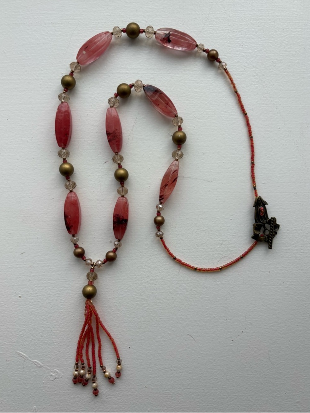 Handmade Pink Beaded Tassel Necklace with flower clasp - Picture 3 of 7